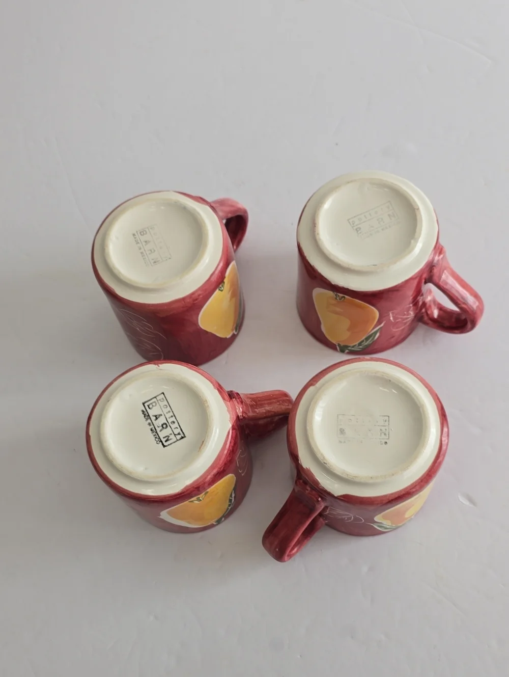 Vintage Pottery Barn Set Of 4 Pear Ceramic Coffee Mugs Handpainted Mexico